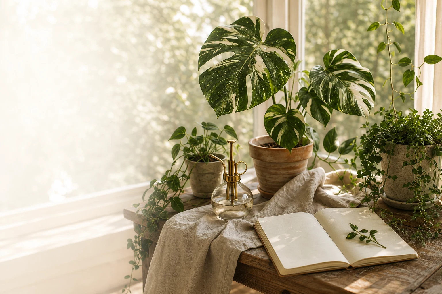 Variegated monsteras by a window beside an open notebook