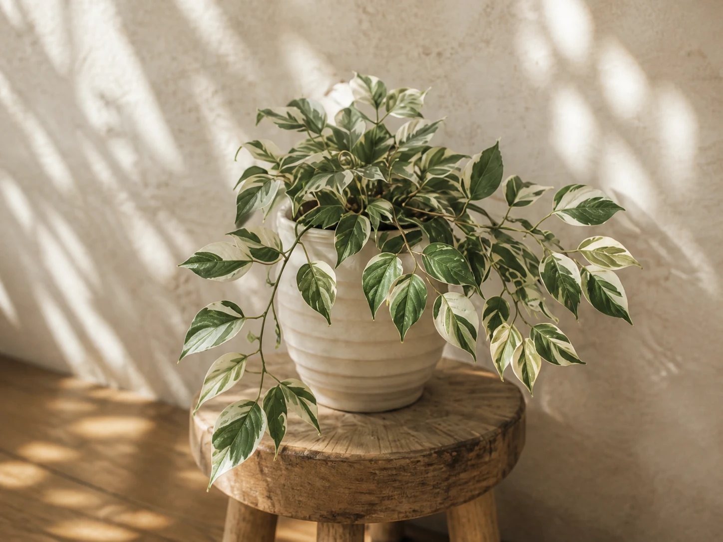 A variegated plant in a pale pot