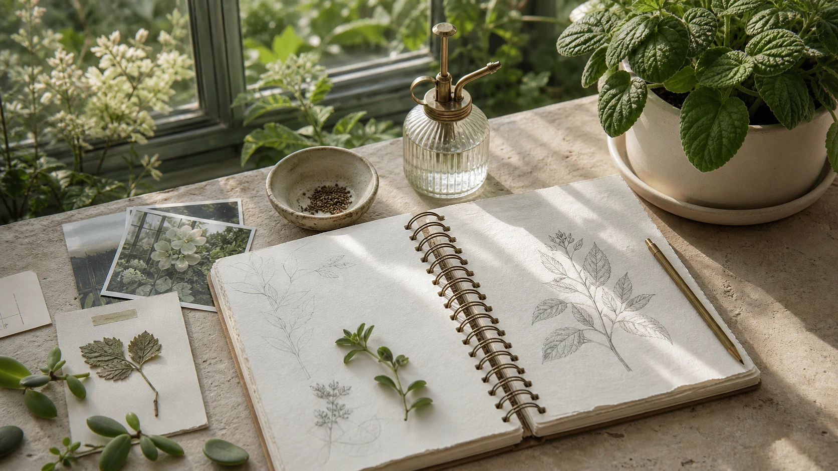 An open journal with botanical sketches, pressed leaves and plant cuttings
