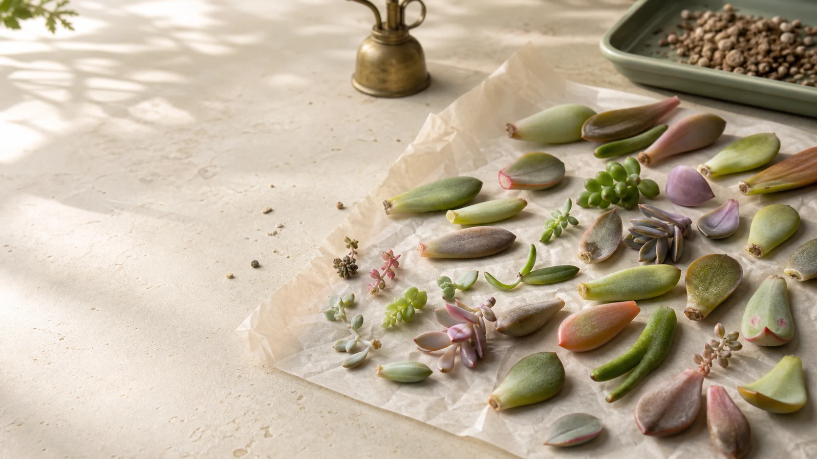 Assorted succulent leaves before planting